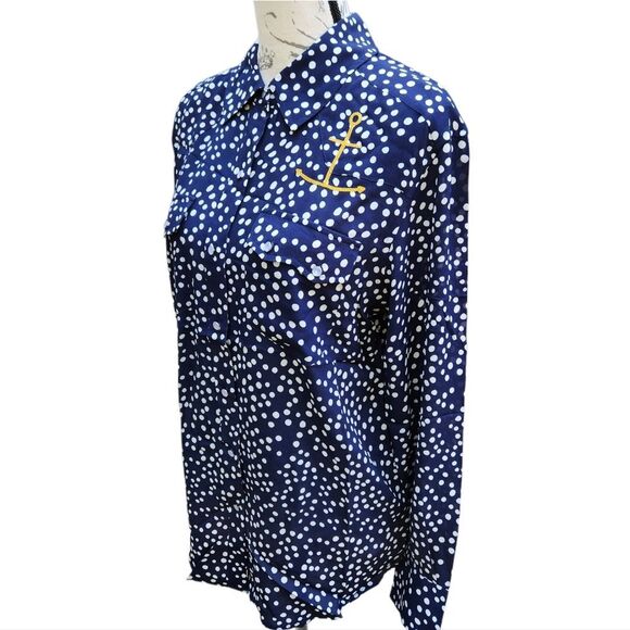 Free People -652 Sandrine Rose Navy Polka Dot Anchor button down shirt Small - Picture 2 of 9